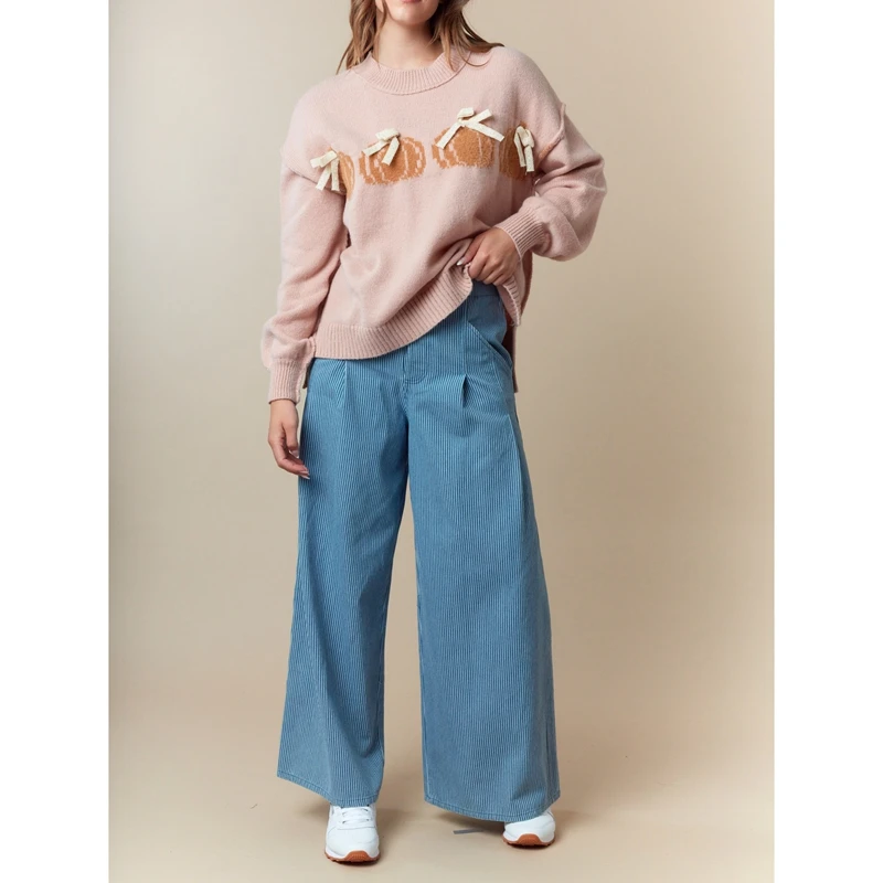 Combhasaki Donna Halloween Maglioni lavorati a maglia Manica lunga a costine Girocollo Fiocco Decor Zucca sfocata Maglieria Pullover Maglioni caldi