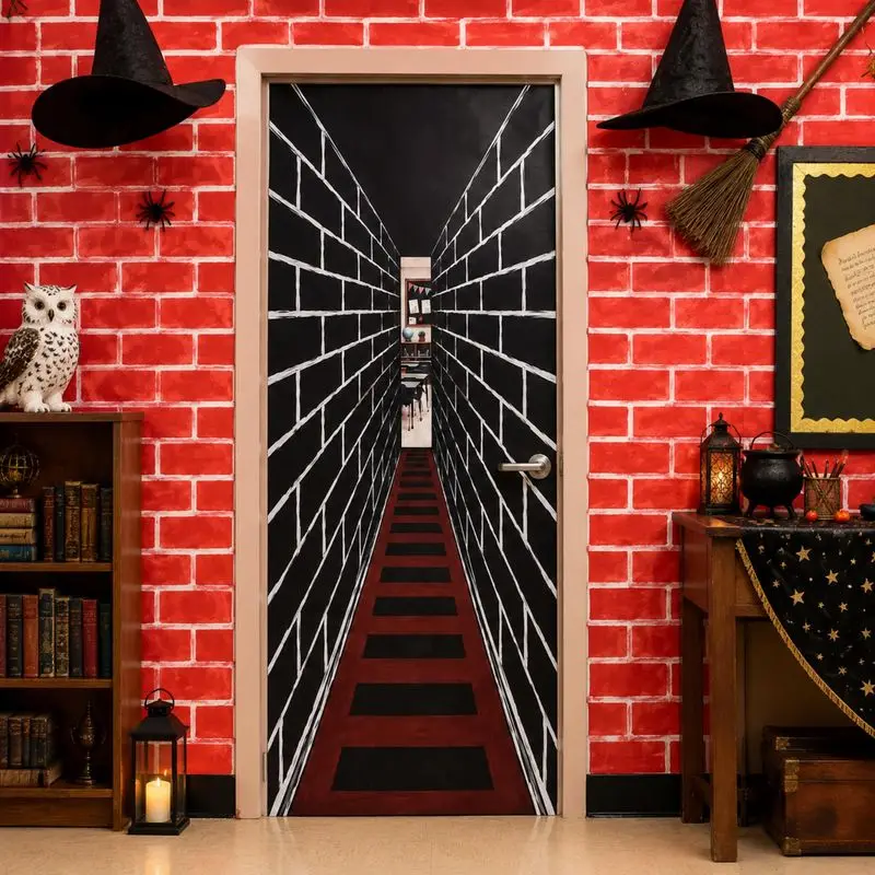 VIKAMA Halloween 3D Optical Illusion Door Cover, Tunnel Corridor Visual Banner, Spooky Home Front Door Party Decoration