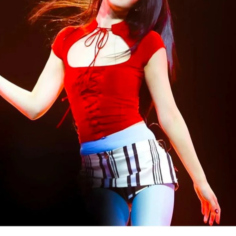 

Women's Spring Summer New Red Solid Color Drawstring Hollow Sexy Slanted Shoulder Can Be Wearing Twice Women's Top