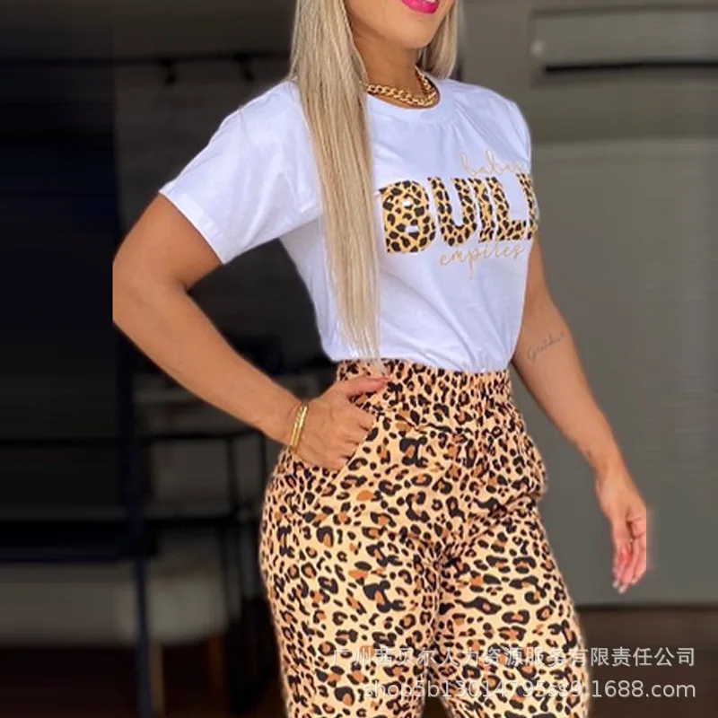 Two Piece Set for Women 2023 Summer Fashion New Leopard Print Short Sleeve Letter T-shirt Casual Silm Pants Set Female Clothing