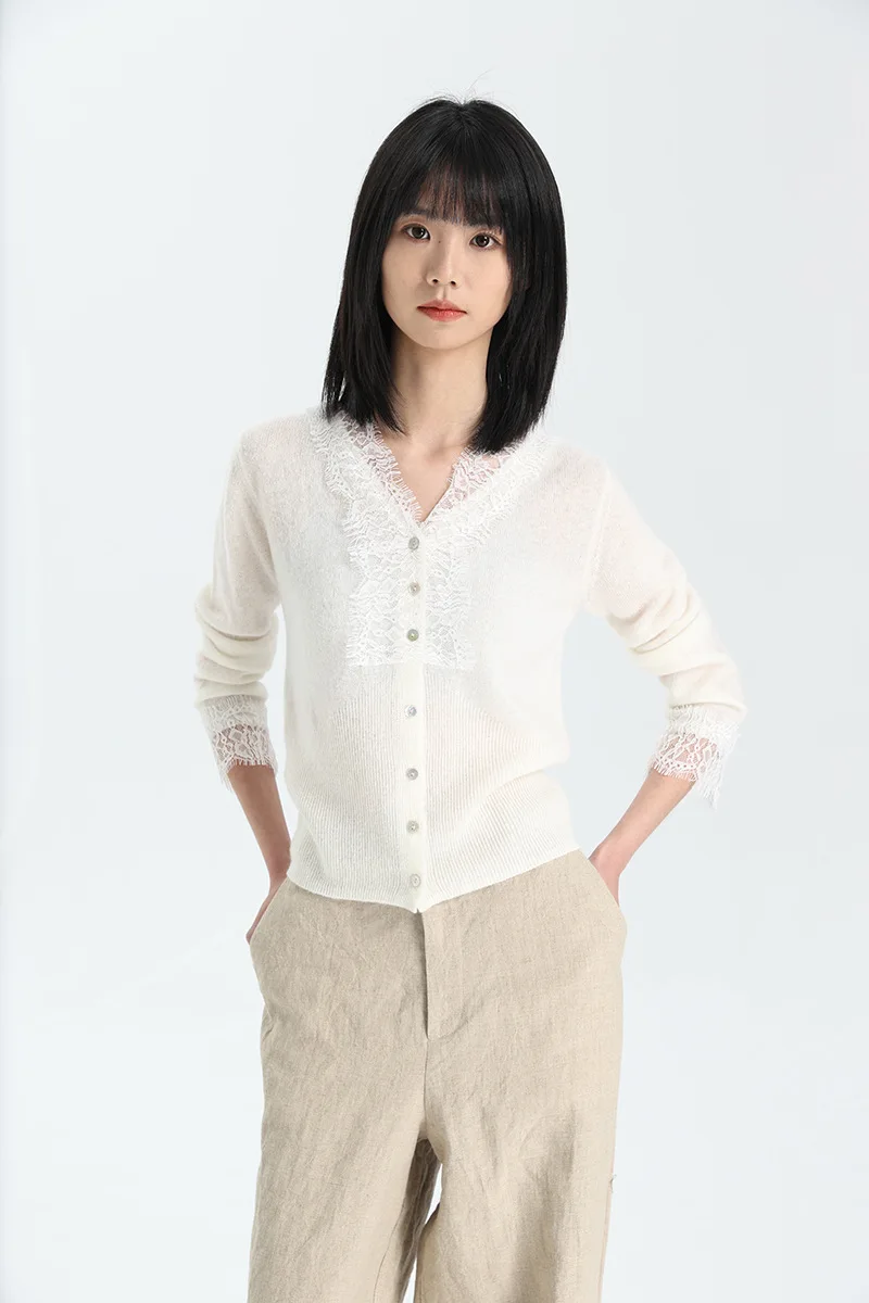 Winsleter-60.1%ขนแกะ 8%แคชเมียร์เสื้อสเวตเตอร์หรูหรา,ผู้หญิง V คอลูกไม้เย็บปะติดปะต่อกัน,ฝรั่งเศสถักเสื้อคาร์ดิแกน,ฤดูใบไม้ร่วง 2025 T58403CC