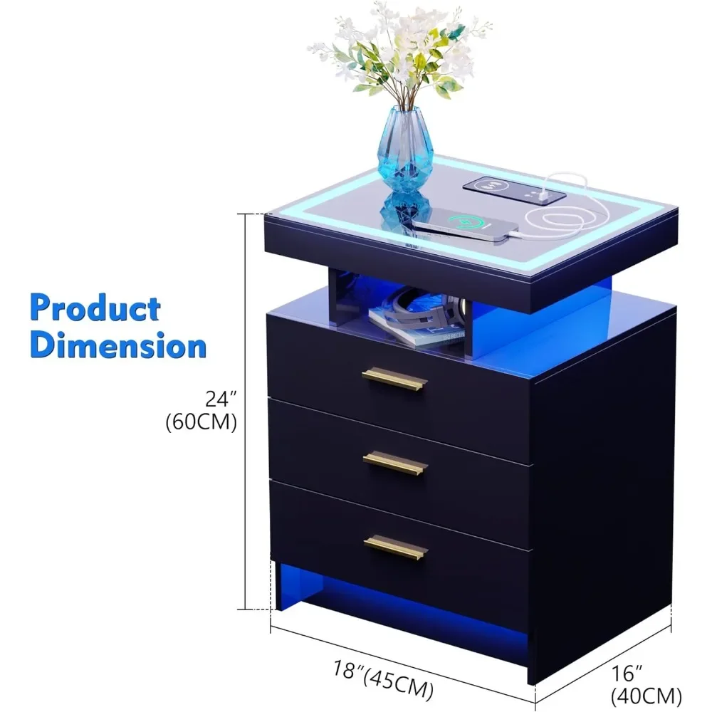 LED Nightstand with Wireless Charging Station with 3 Drawers & 3 Open Compartments, Nightstand