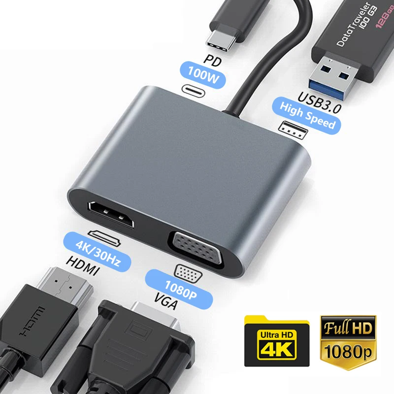 4-في-1 محول usb نوع-c ، hdmi ، vga ، usb ، av رقمي ، متعدد المنافذ ، صامولة من 3 إلى 4k ، ma p ، منفذ شحن سريع لجهاز macbook