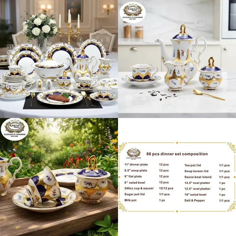 86 Pcs Germany Porcelain Gold Roya Dinner Full Set Plate with Bowl Dish Coffee Cup Set Dinnerware Sets for