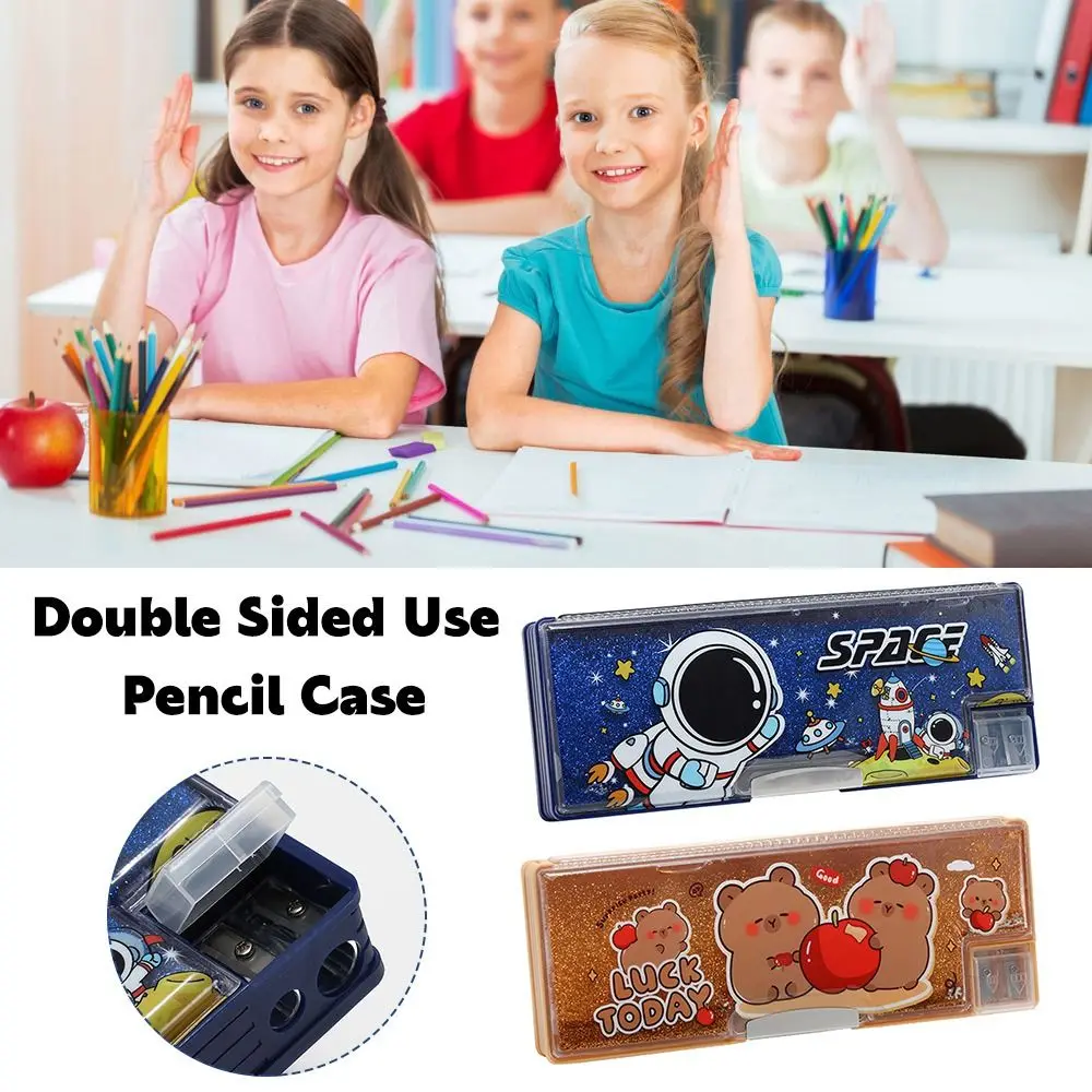 Capybara/Astronaut Multifunctional Pencil Case Quicksand Decor Large Capacity Stationery Box Double Sided Use