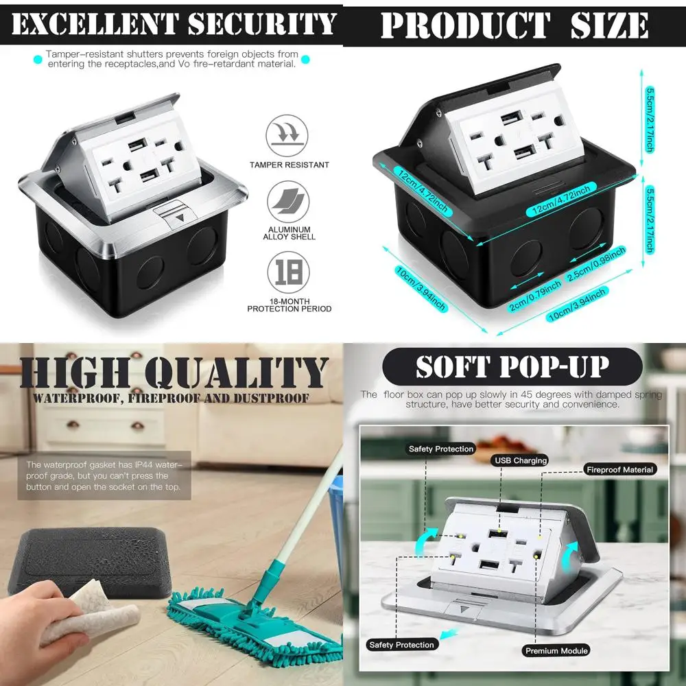 

2-Pack Pop-Up Floor Outlet Cover Kit with 4.8A USB Charger, 20Amp Waterproof Floor Outlet for Home Countertop Use (Black)