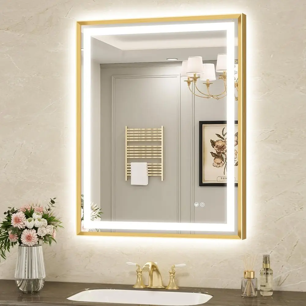 

LED Bathroom Mirror 28"x36" Inch Brushed Gold Metal e Lighted Bathroom Vanity Mirror with Lights, Brighter rontlit and Backlit L