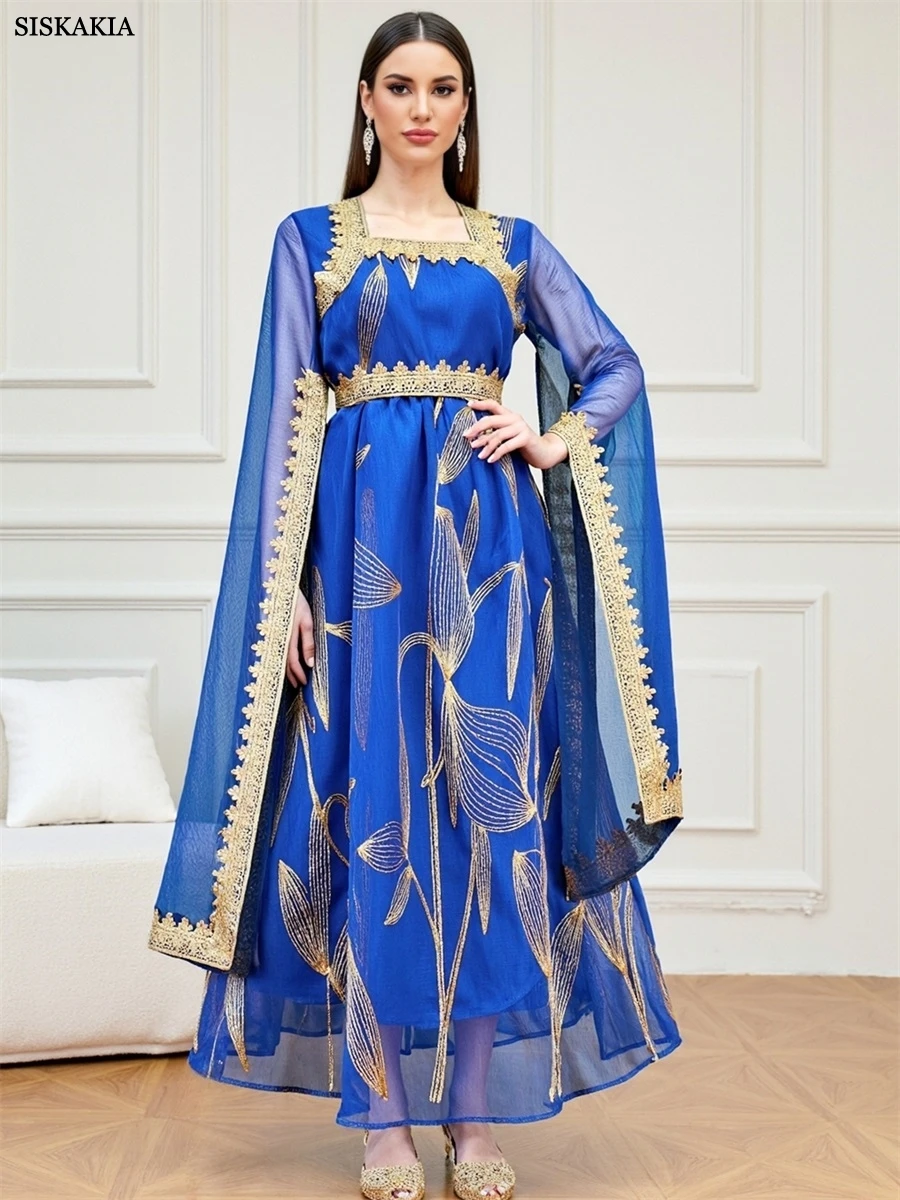 

Siskakia Fashion Gold Stamping Abayas Dubai Lace Tape Mesh Super Full Sleeves Caftan Muslim Elegant Women Evening Dress Abaya