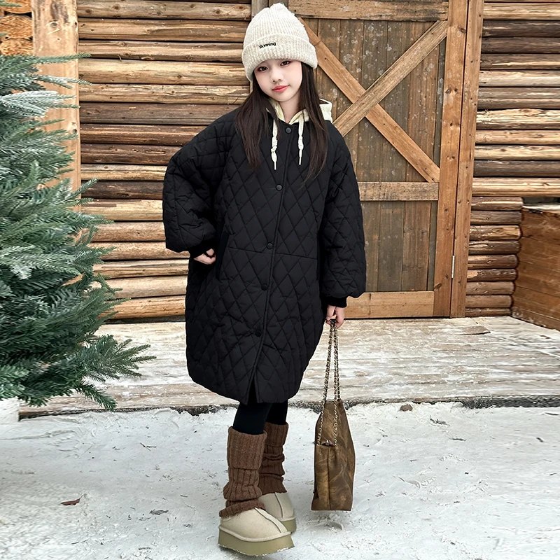 2025 AW جديد البند 4-14Y الفتيات معطف مبطّن اليابان الكورية موضة سميكة طويلة أسفل سترة المتضخم الشتاء معطف دافئ للأطفال