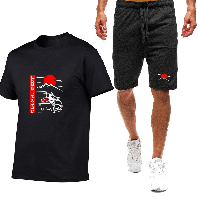 

Japanese Style Car JDM Culture GTR Racing 2025 Summer Men New Nine-color Short-sleeved Set T-shirt+Sports Pants Breathable Suit