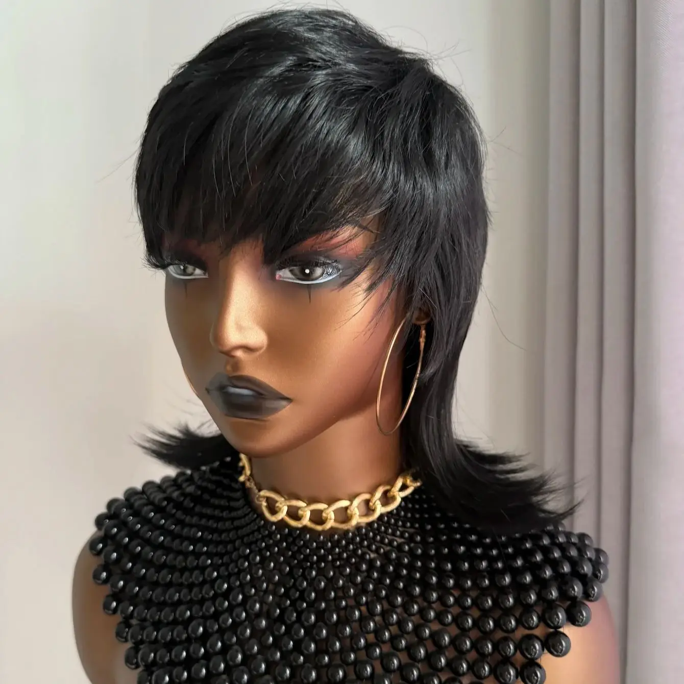 WIGERA Synthetic Black Short Pixie Cut Wigs Wolf Cut Dovetail Body Wave Wigs Long Straight Water Wave Wig With Bangs For Women