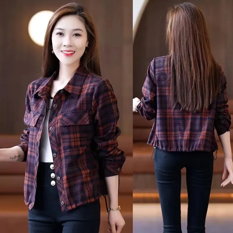 Temperament Simple Plaid Short Shirt Coat Women 2024 Spring Autumn New Outwear High-Quality Loose Jacket Casual Female Trend Top