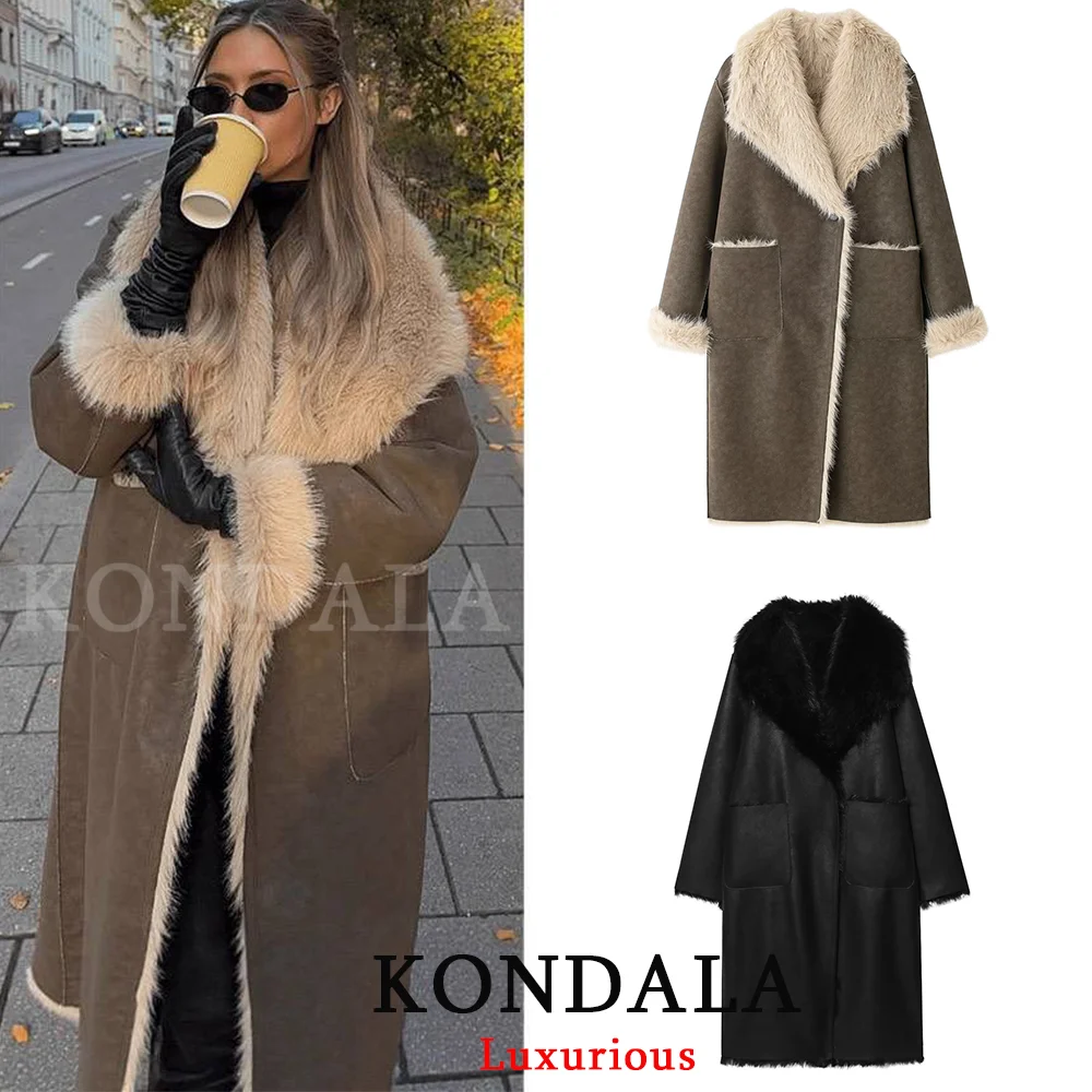 

KONDALA Casual Fur Leather Patchwork Long Coats V Neck Pockets Double Wear Thick Trench Fashion 2025 Autumn Winter Loose Coats