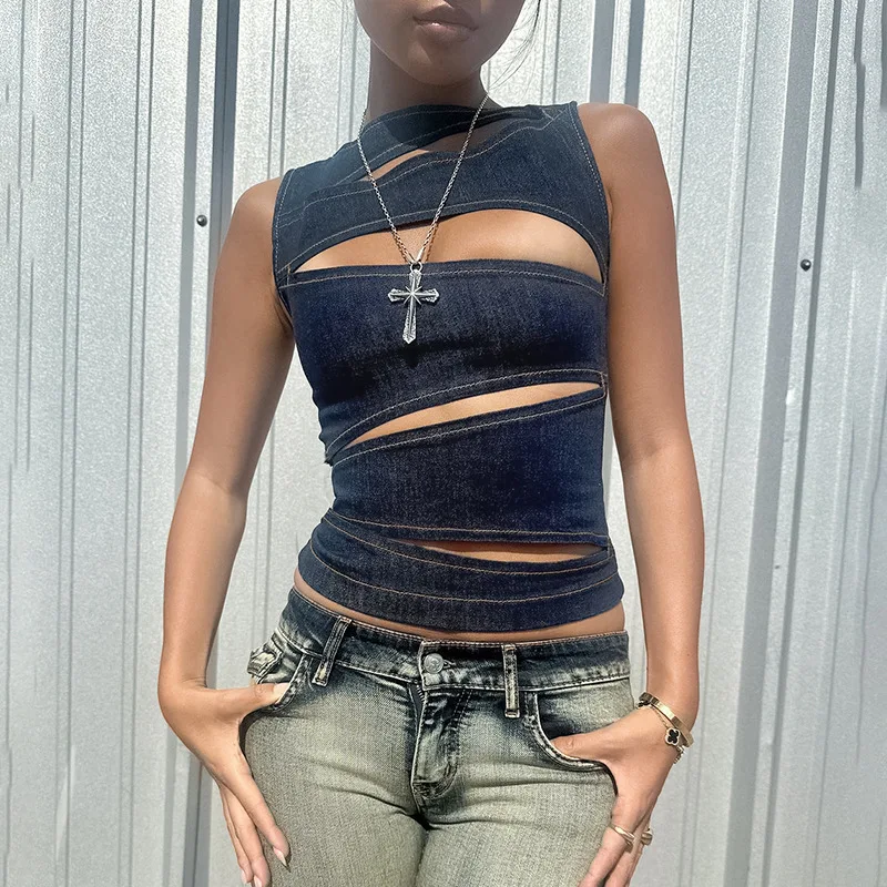

Hot Girl Hollow out Imitation Denim Vest Top Women's Faion Summer 2024 Color Regular Fit Svel Tank Top