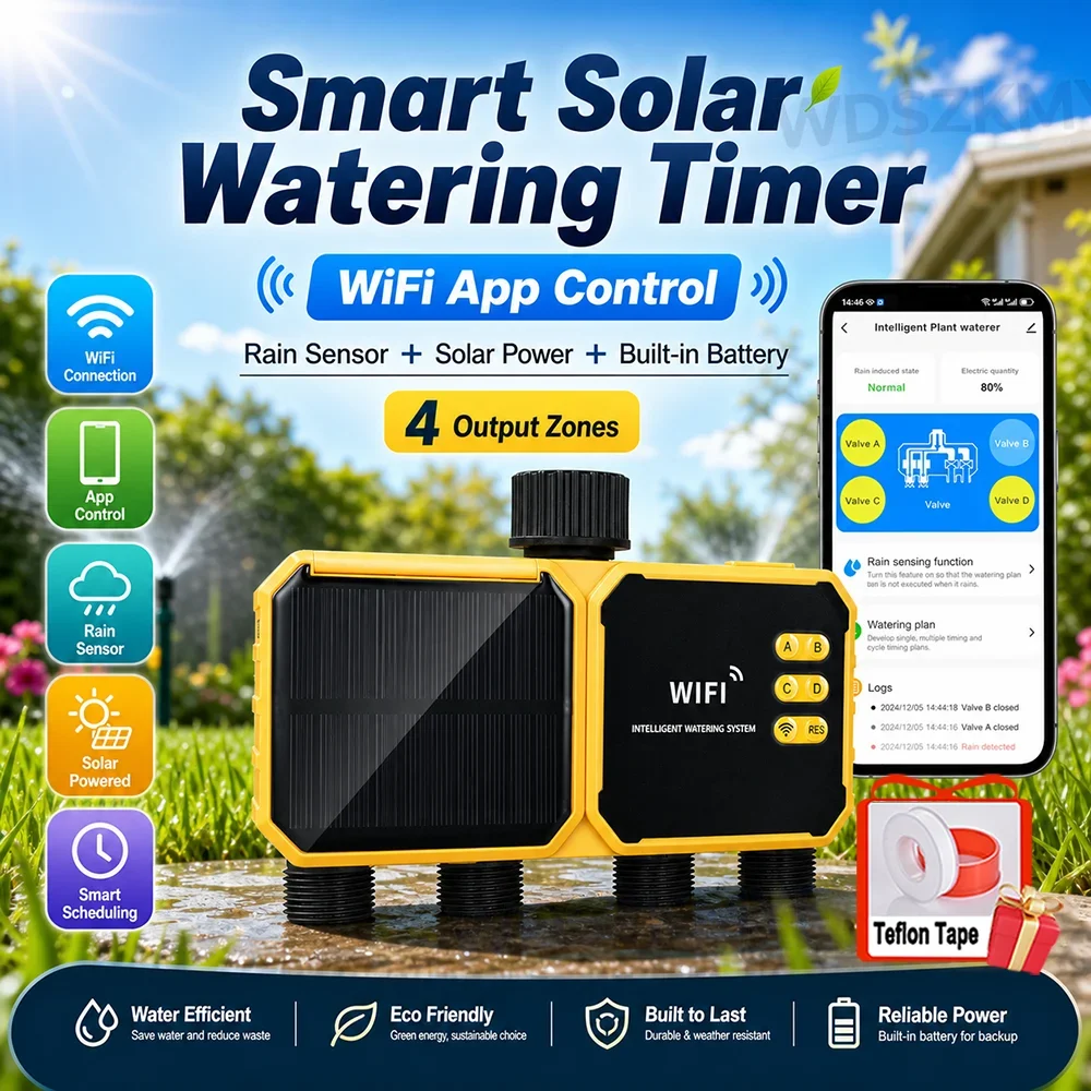 2/4 Outlets Solar Smart Irrigation Timer Programmable Garden Water Controller with Rain Delay Solar Powered Automatic