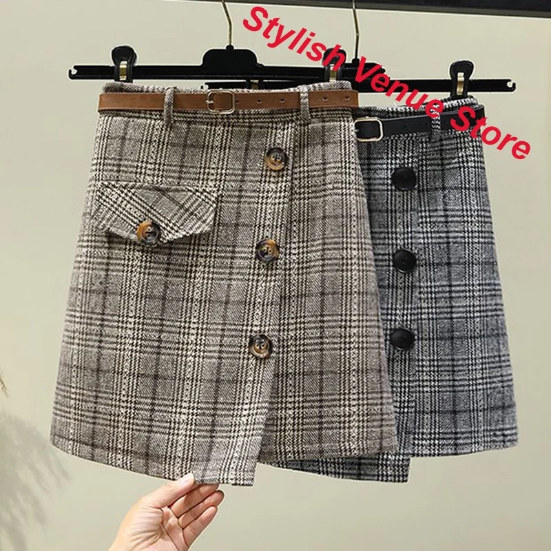 Korean Version of Woolen Plaid Skirt Women's Autumn and Winter Fashion Breasted Temperament Irregular High Waist A-shaped Skirt.