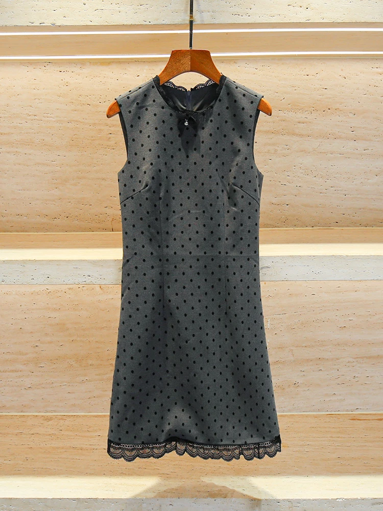 

High-End Summer Women's Dr South Oil Knot Polka Dot Lace Vest Dr French Sle High Waist A-Line Skirt