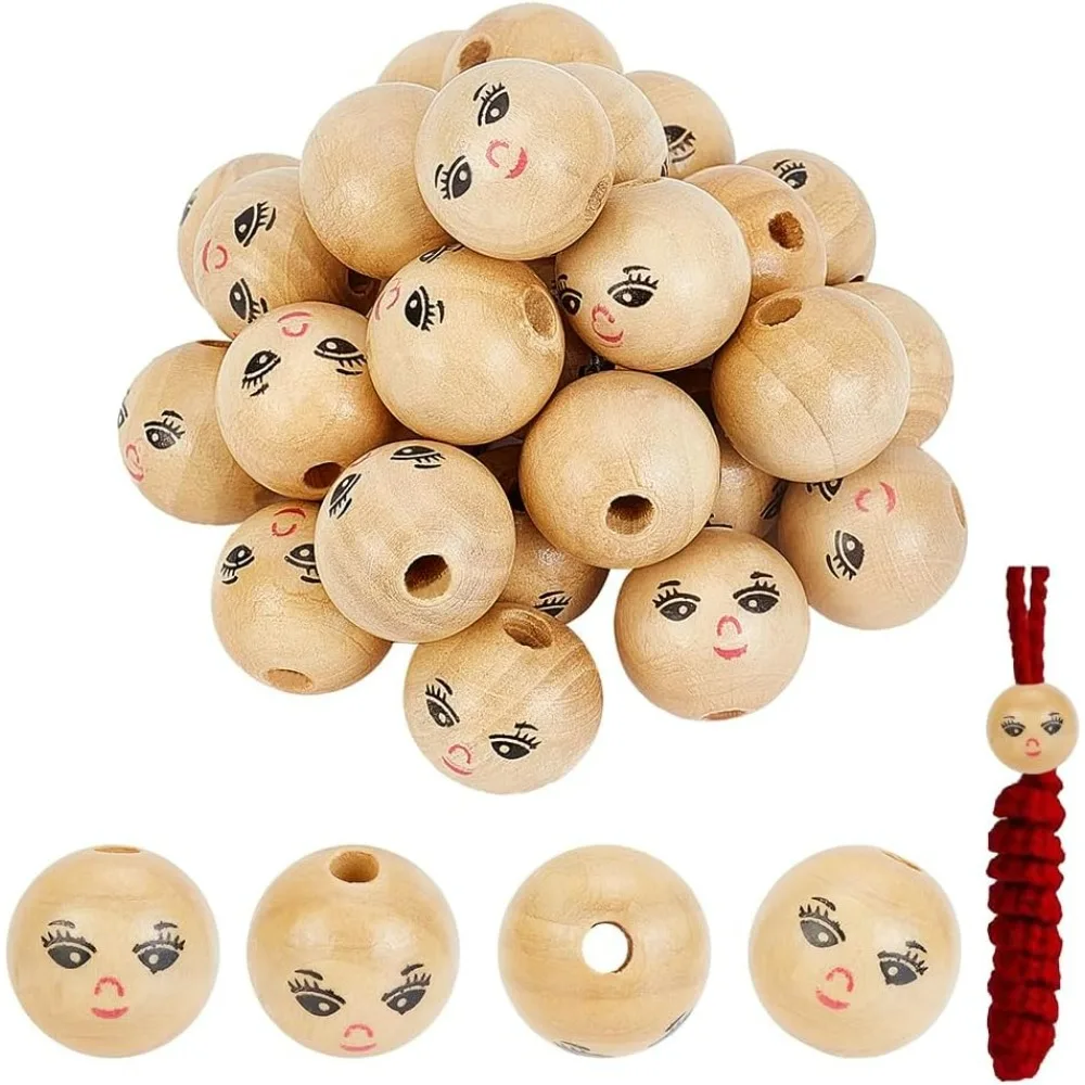 30pcs Schima Wood Beads Round Spacer Ball Beads with Hole Round with Smile Face Doll Head Beads DIY Jewelry Finding Making Kit