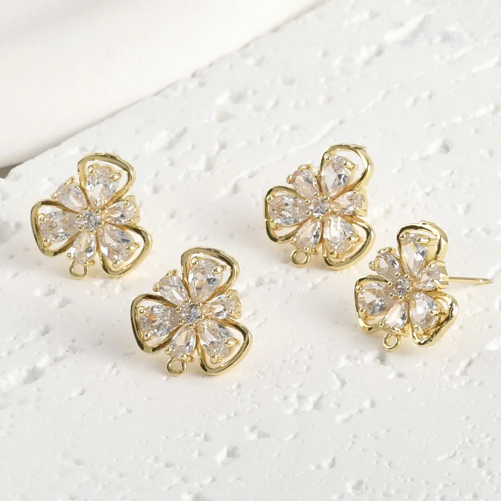 6pair 17mm DIY Jewelry Accessorie 3 Petals Flower CZ Zirconia Stud Earring Base Connector for Women Hanging on Earring Making