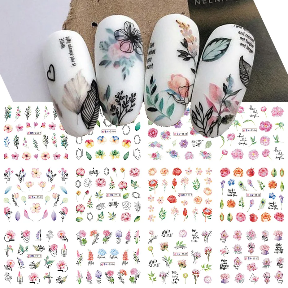 12patterns Summer Water Decals For Nails Tropical Plants Leaf Slider Decals Flowers Butterfly Nail Art Sticker Manicure Decor