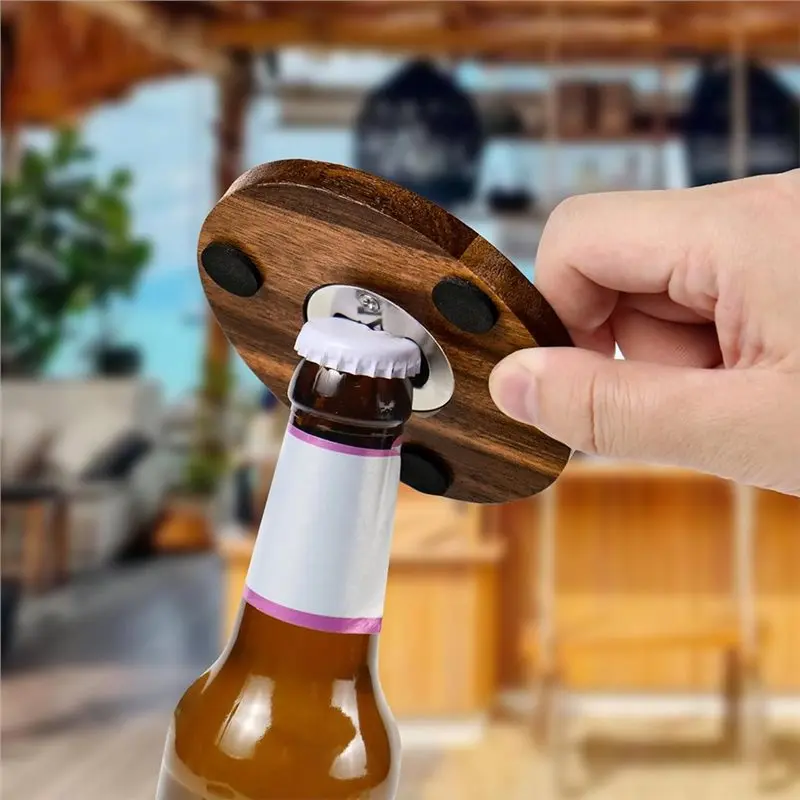 B23B Stainless Steel Bottle Opener Wood Coasters 2-In-1, Set Of 4 With Holder& Non-Slip Feet