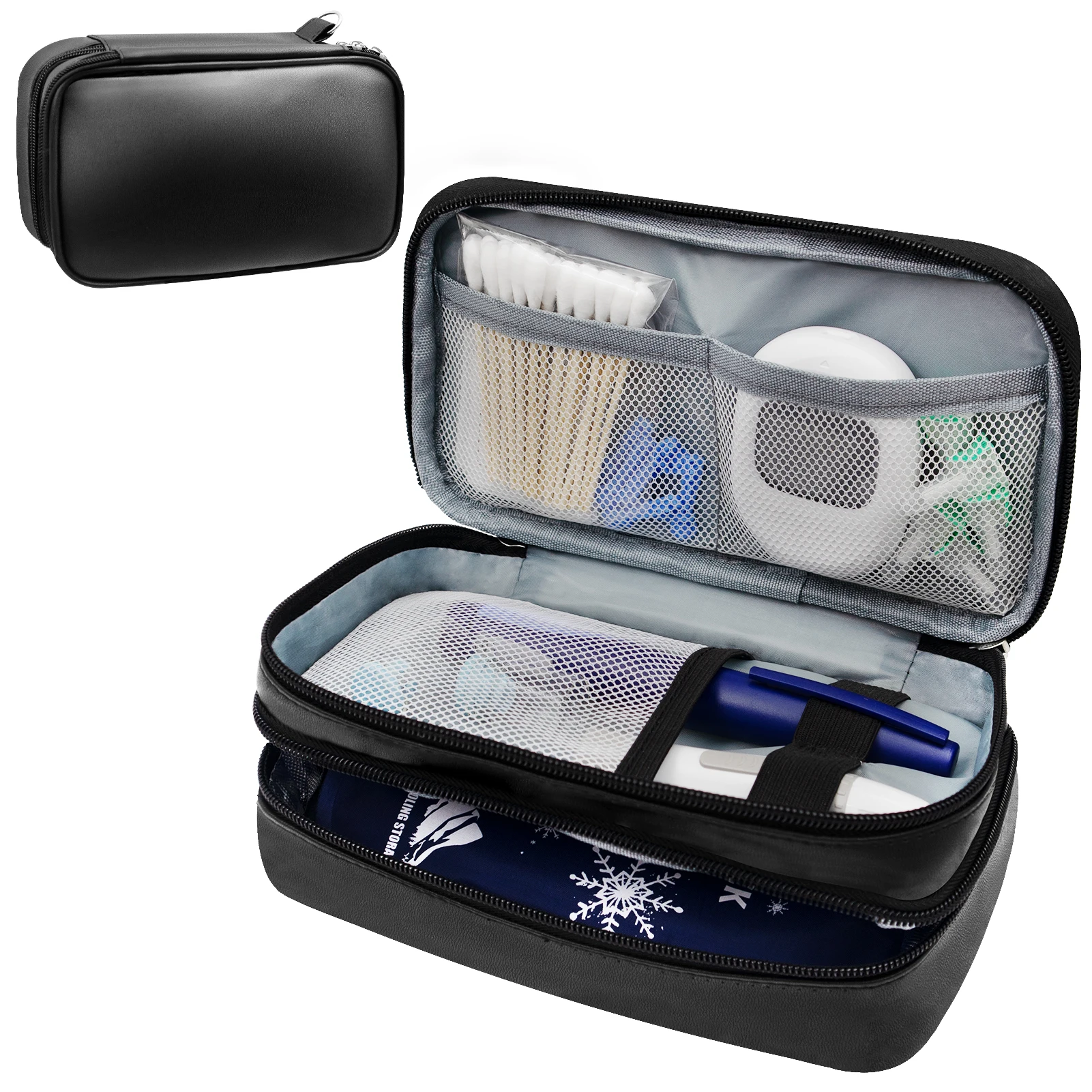 Insulin Bag for Diabetics-Pu Leather Double Layer Case for Insulin Pens, Test Kit, Travel Medical Organizer with Handle