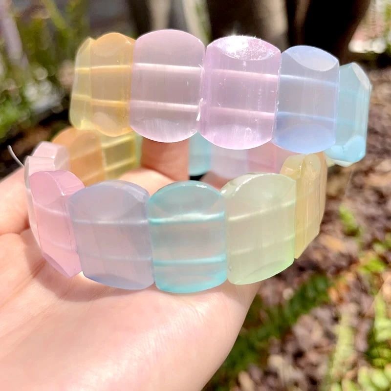 

New 14X22MM Natural White Mixed Color Cat Eye Gypsum Stone Bracelet Fashion Selenite Colored Elastic Bracelet Wristband Jewelry