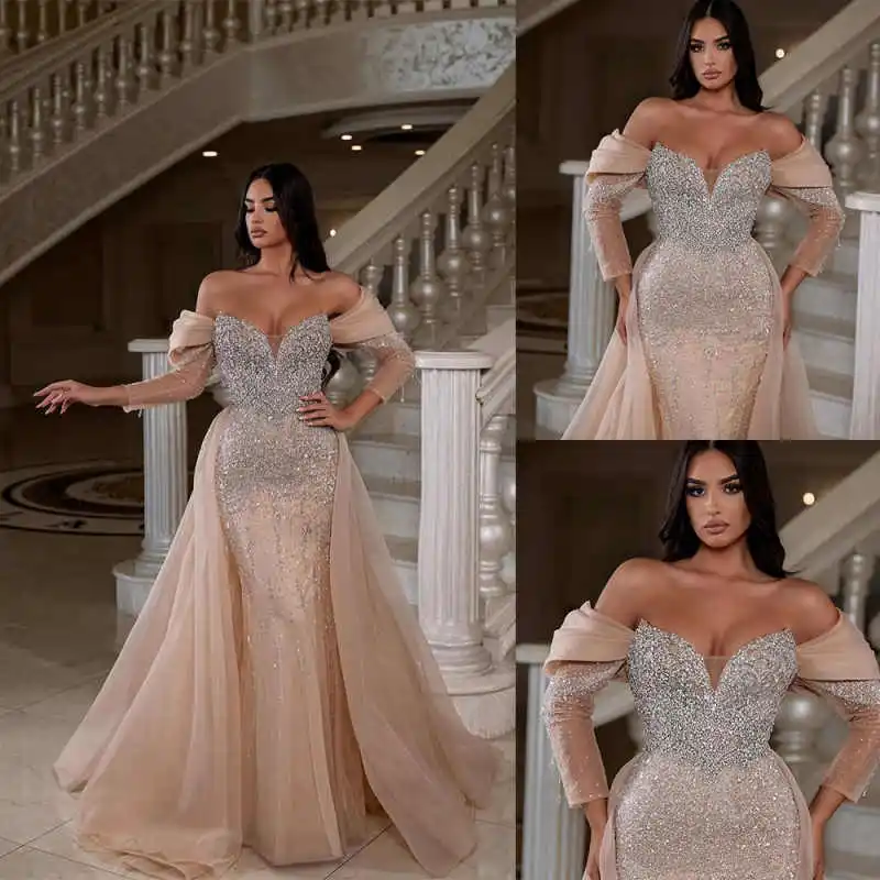 

Charming Beaded Mermaid Evening Dress Off Shoulder Long Sleeve Crystal Prom Gowns Floor Length Formal Dresses Customized