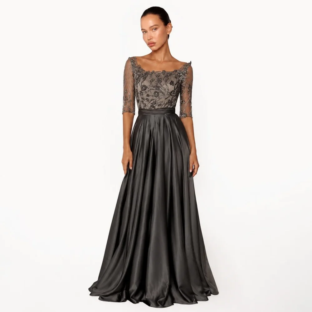 

Customized Formal Long Sleeves High Quality Wedding Party Dress O-Neck Lace A-line Long Dresses Classic Evening Dress