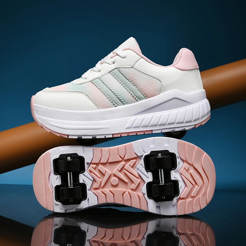 Children's Trendy Cool Middle Top Roller Skateboard Shoes For Boys Girls Breathable Retractable Roller Skates For Outdoor Party