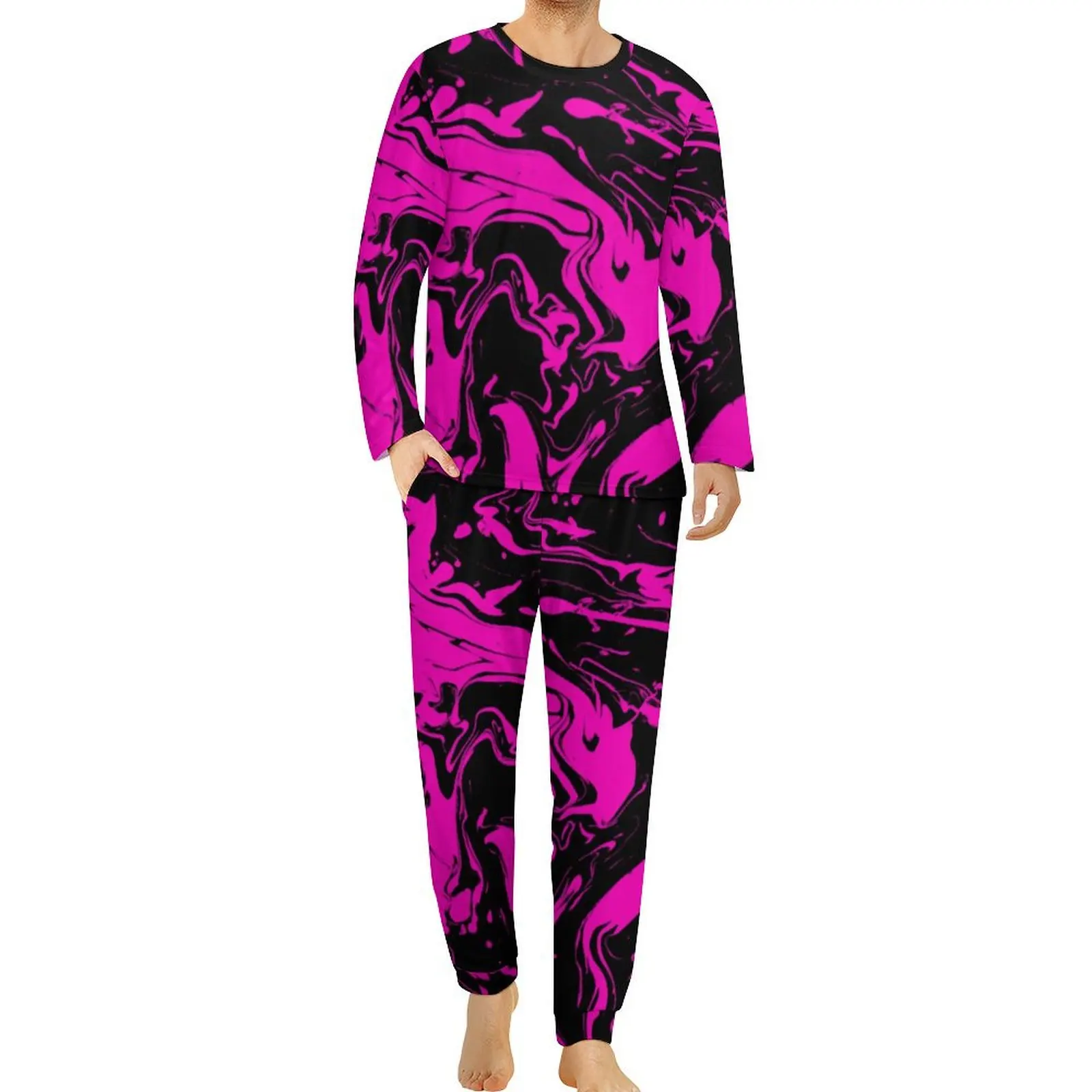 

Paint Splatter Print Pajamas Long Sleeve Pink Abstract Swirl 2 Pieces Room Pajamas Set Spring Man Graphic Oversized Home Suit