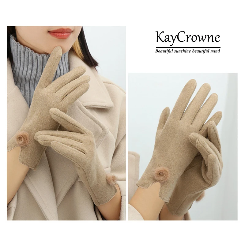 KayCrowne New Fashion Grace Lady Gloves Women Winter Elegant Pom Pom Touch Screen Driving Warm Windproof Black Glove G222