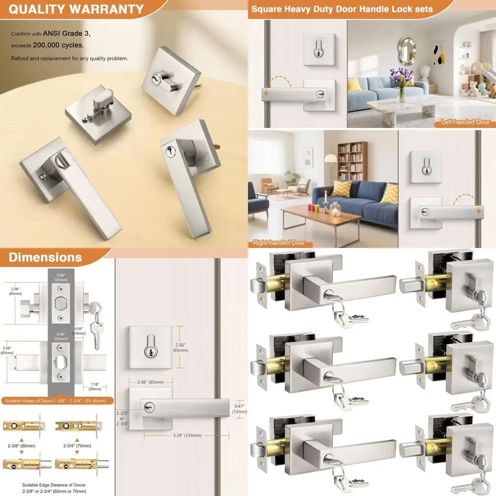 

Комплект из 3 сверхмощных квадратных входной рычагов из атласного никеля и засов, одинаковые ключи для входной двери, офисного входа
