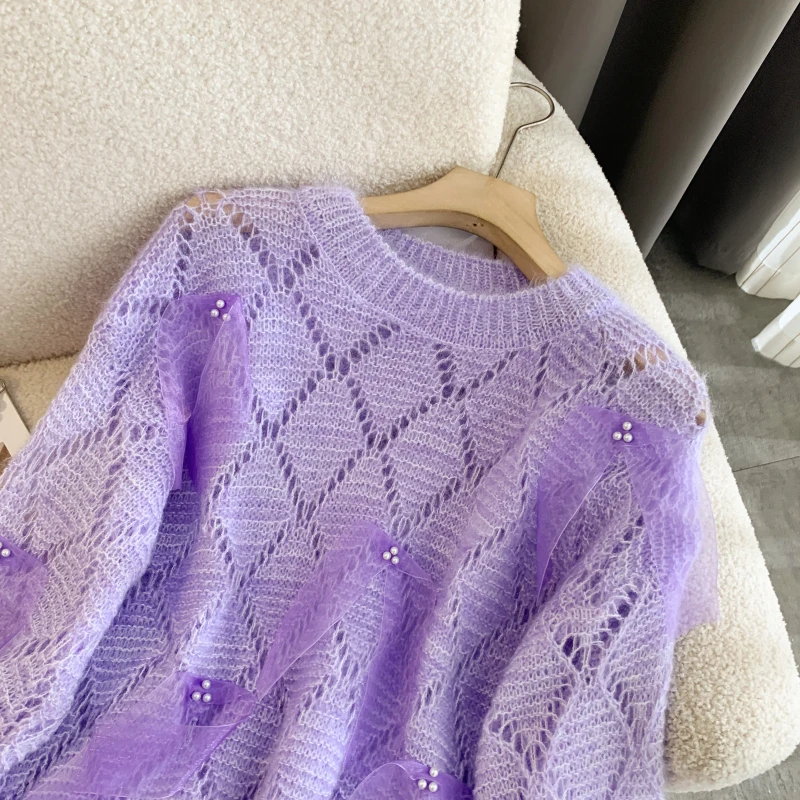 2025 Nowa jesienna moda Nail Bead Flower Sweter z dzianiny Damski koreański styl Okrągły dekolt Luźny sweter z dzianiny Sweter z dzianiny