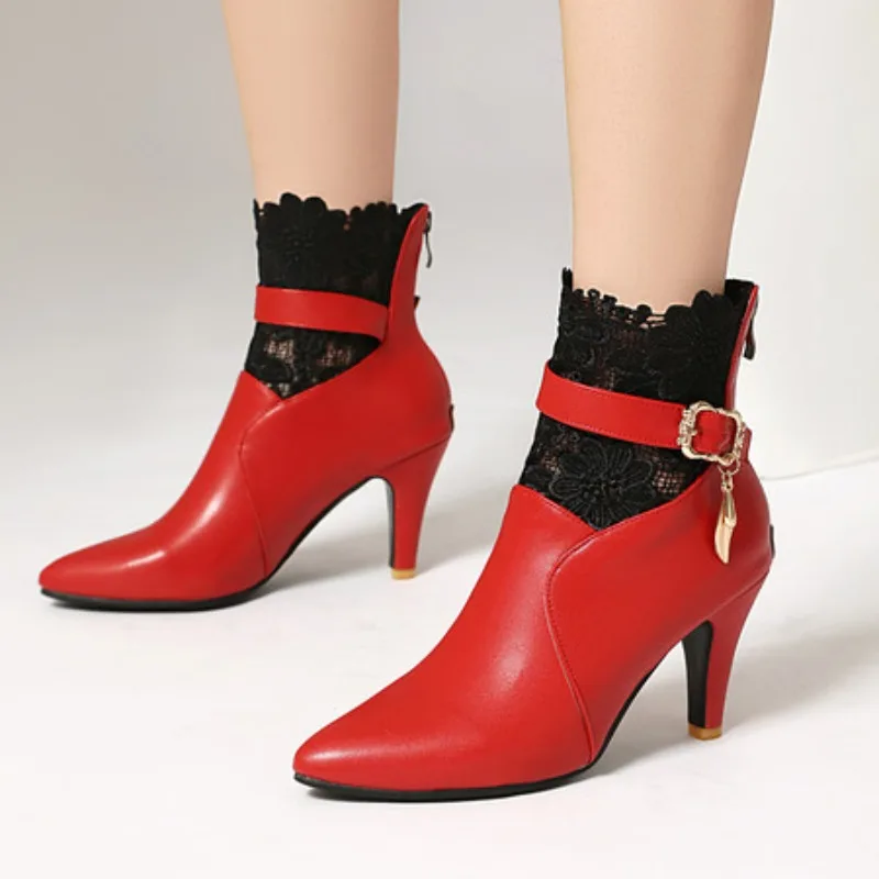 

Hot Women Thin Med Heels Ankle Boots Metal Decor Pointe Toe Slip on Office Ladies Short Boots Black White Red Plus Size 45 46 47