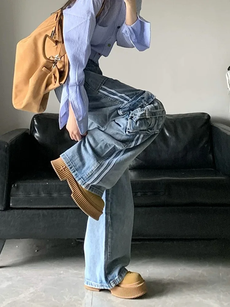 ADAgirl Stripe Blue Cargo Jeans donna Y2k Harajuku pantaloni larghi Vintage coreani a vita alta in Denim pantaloni Hip Hop causali femminili