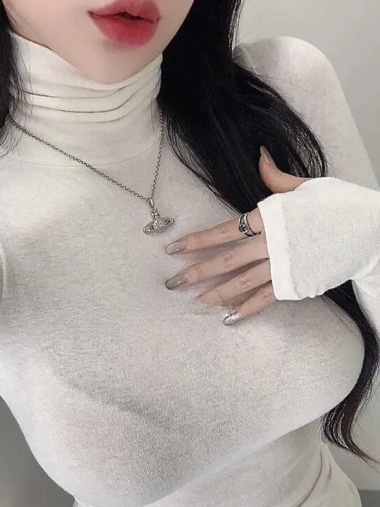 Soft Skin-Friendly High-Neck Sexy Women's T-Shirt Close-Fitting Base Layer Micro-Permeable Cotton Blend Long Sleeve Crew Neck