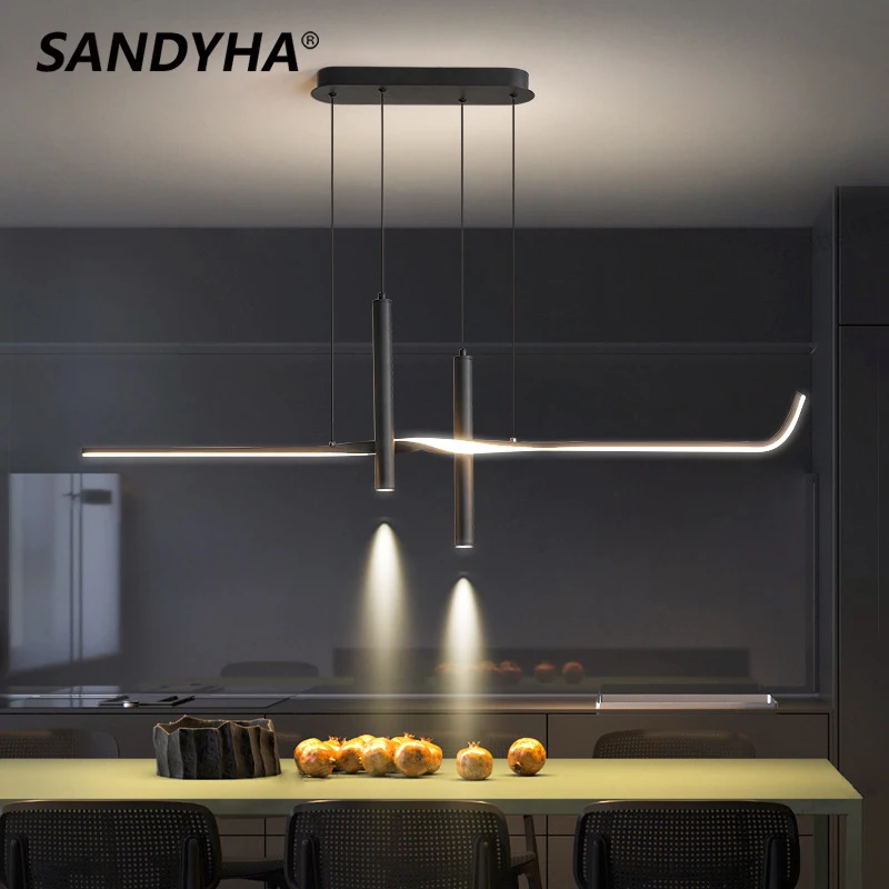 SANDYHA Modern Simple Long Strip Chandeliers with Spotlights Led Pendant Lights Lamp for Dining Room Lustres Para Sala De Jantar