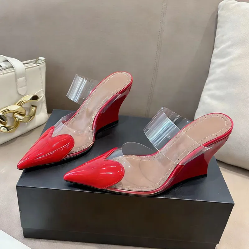 

2026 New Genuine Leather Transparent Pointed Toe Sloping Heel Sandals Women's Heart-Shaped Toe Glued High Heels