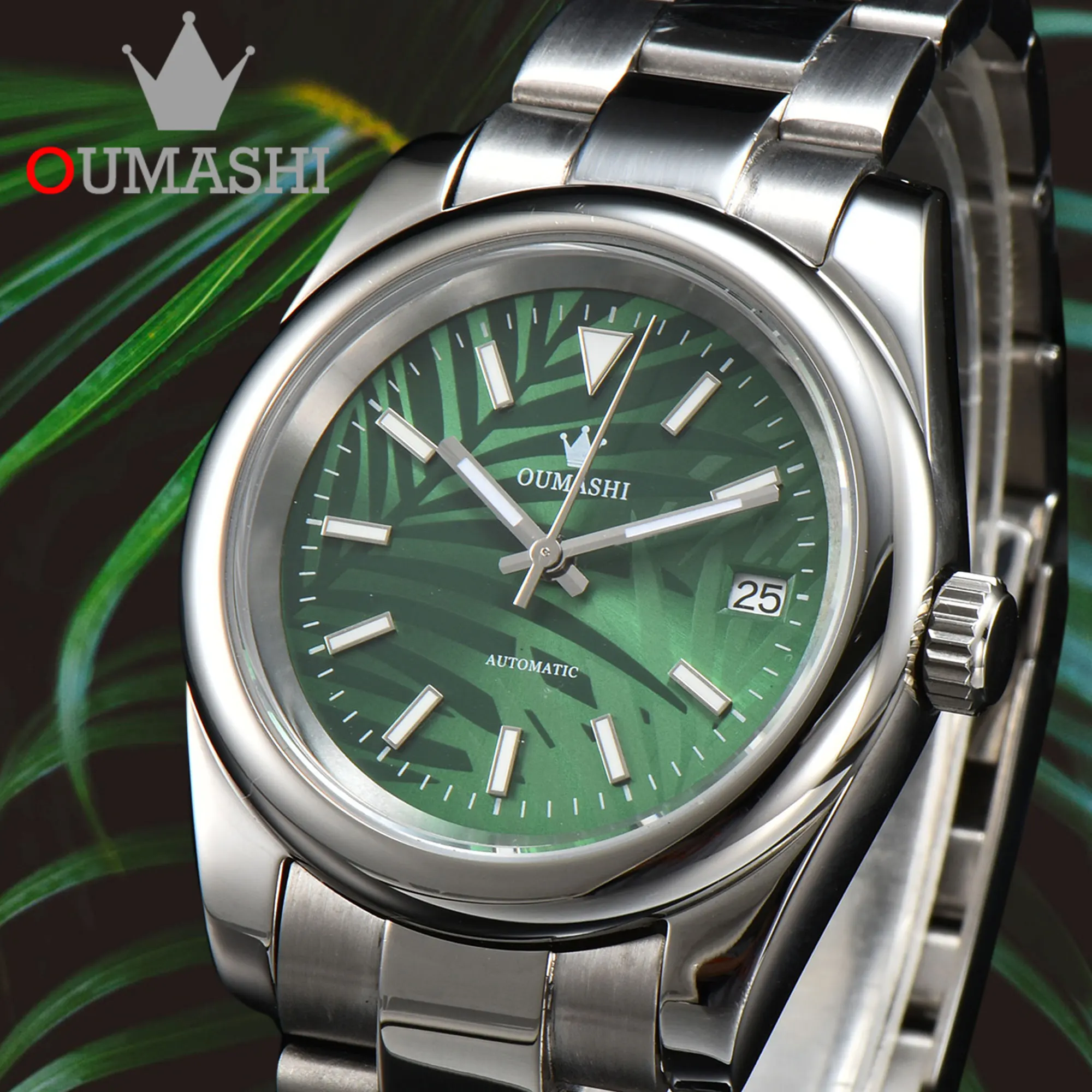 

39mm/36mm NH35 Men's Mechanical Watch with Leaf Pattern Dial Sapphire Stainless Steel 10Bar Waterproof