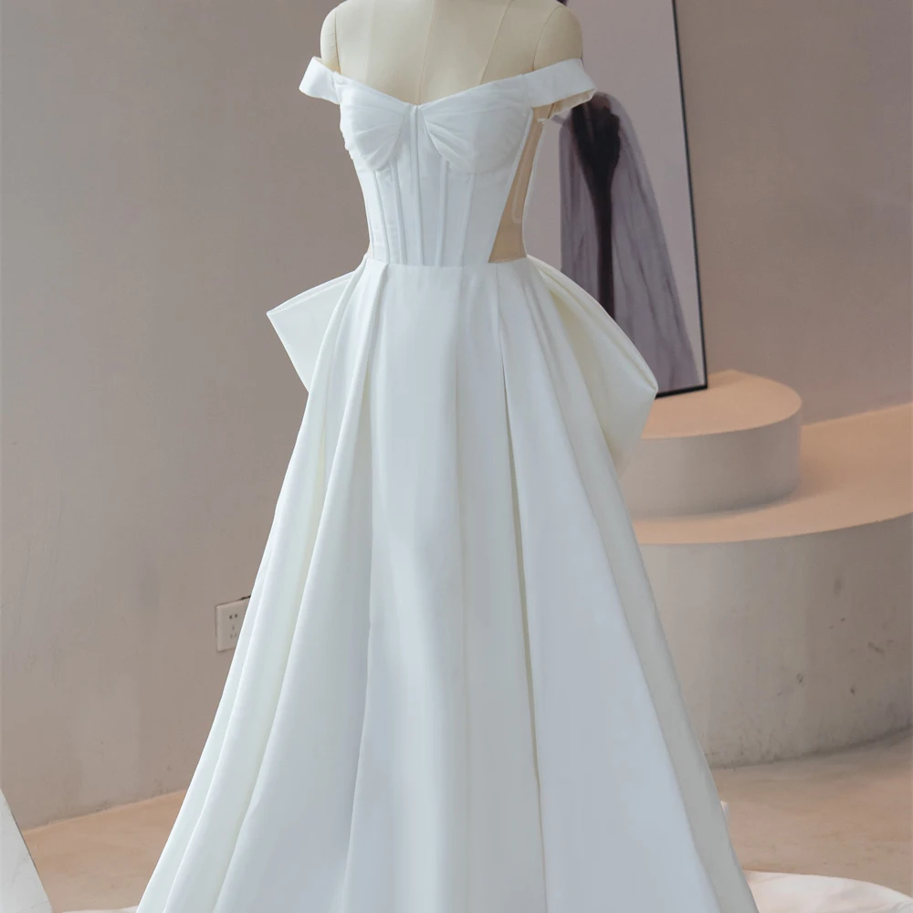 Classic Scoop Wedding Gowns for Women Satin A-line Short Sleeves Court Train With Bow Robe De Mariee Customised QD06375