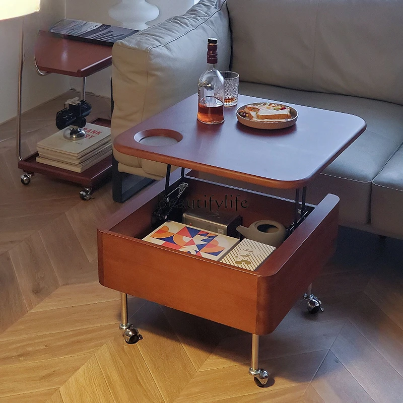 

ld6Antique Style Lifting Coffee Table Retro Living Room Balcony Home Modern Small Apartment Storage Solid Wood Movable Side Tabl