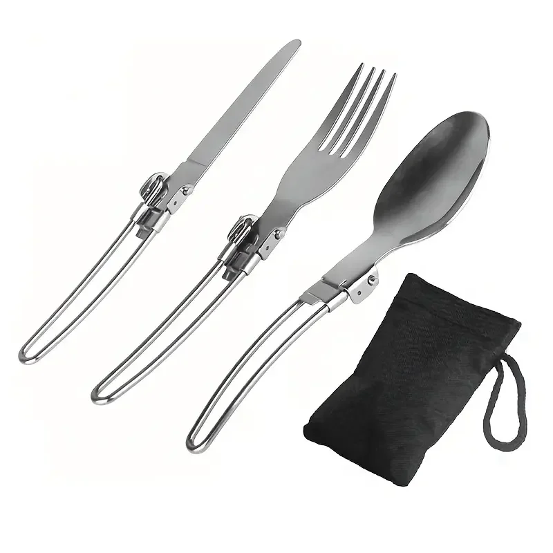 3 piece Foldable Stainless Steel Camping Utensil Set with Carrying Bag - Perfect for Picnics, Hiking, Backpacking