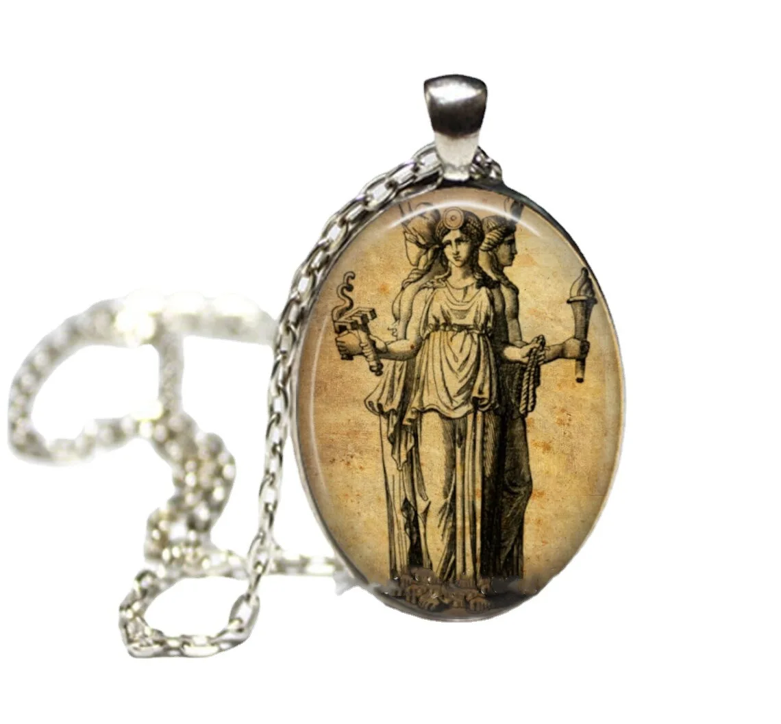 Torch Statue Hecate Charm Necklace Fashion Religious Jewelry Accessories Gift Retro Glass Oval Mystery Statue Pendant Choker New