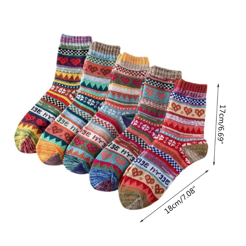 5 Pairs Women Warm Faux Wool Knit Socks Ethnic SMulticolor Heart Striped Hosiery