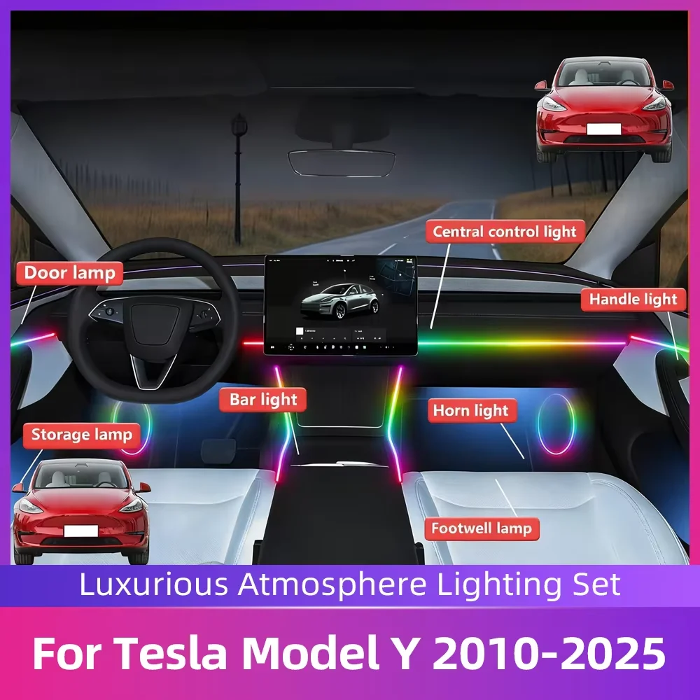 Car Interior Led Ambient Lighting For Tesla Model Y 2010-2025 213 Colors Hidden LED Energy Saving Efficient Light Strip Kit