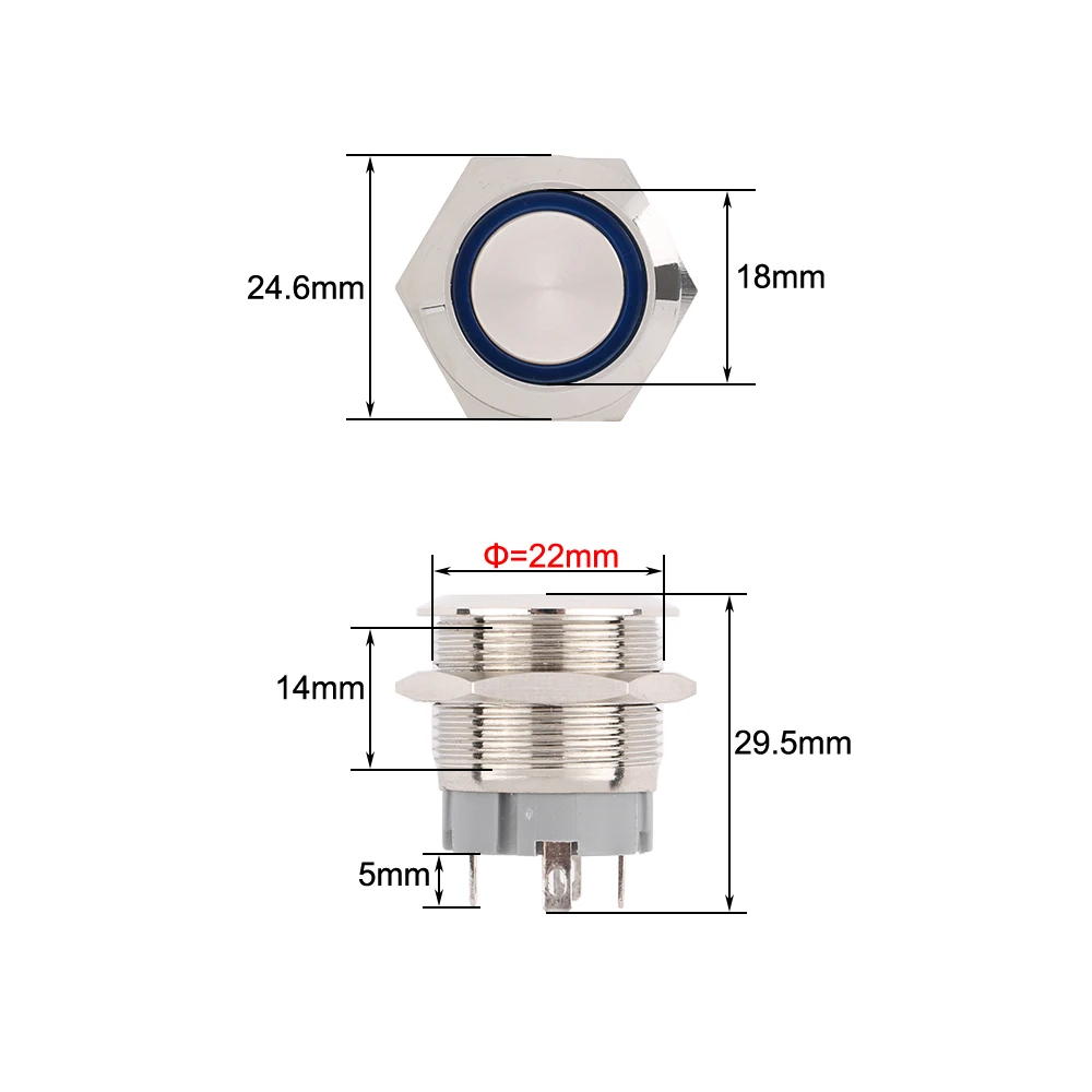 25PCS 22mm Waterproof Metal Push button Switches With LED Light Flat Head 19mm Momentary Reset or Latching With Fixing 4Pins 12V