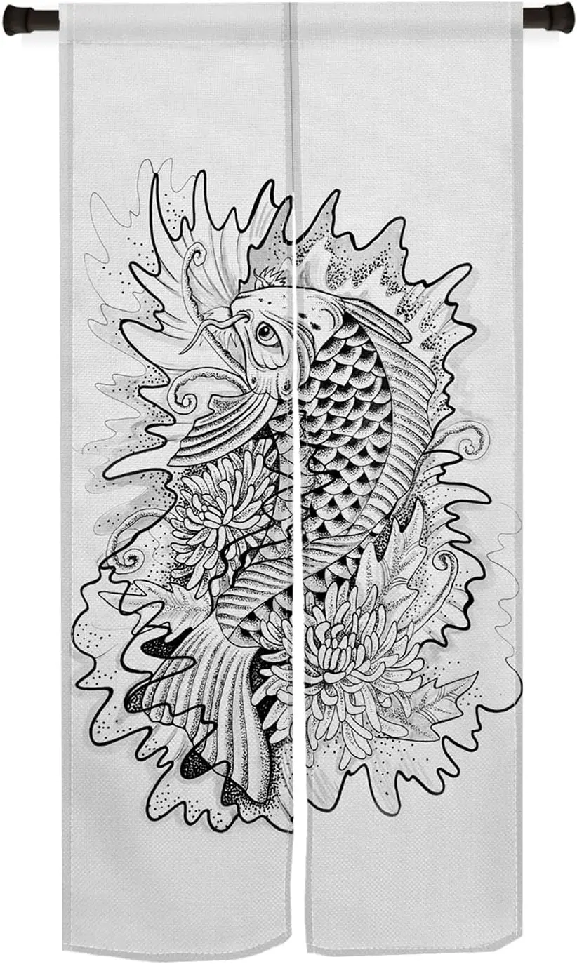 Japanese Noren Doorway Curtain Long Type Japanese Style Fish Printed Window Treatment Hanging Door Tapestry Panel for Ukiyoe
