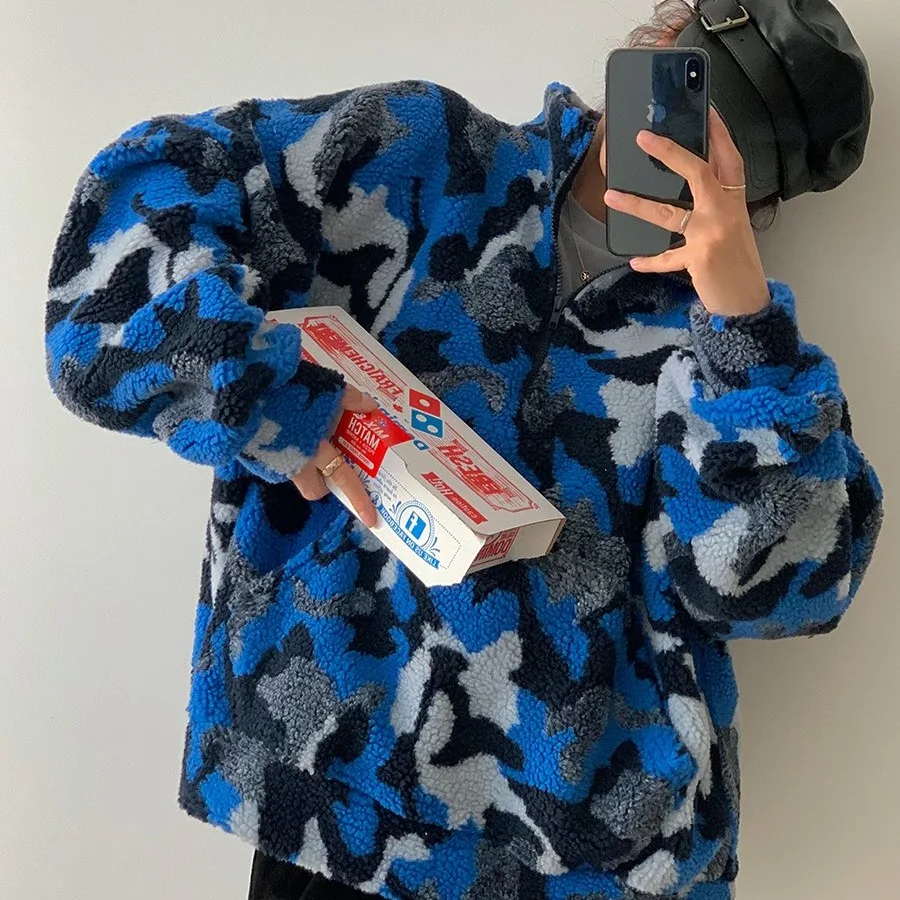 

Стильная корейская толстовка из флиса с камуфляжным узором, теплая, с капюшоном, антивозрастная, синяя, для женщин, зимняя коллекция