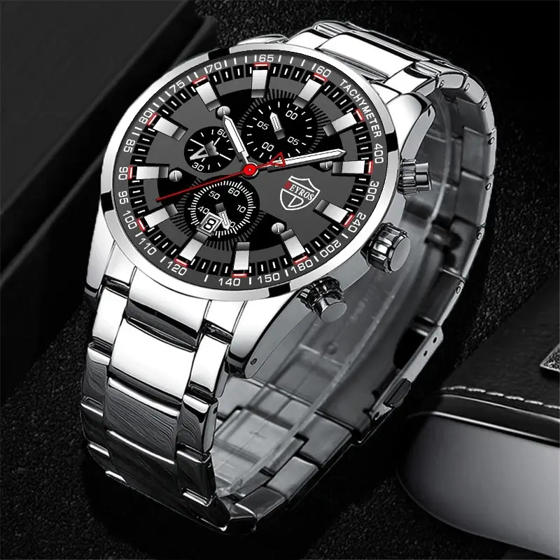 3PCS DEYROS Fashion Mens Calendar Watches Luxury Male Stainless Steel Quartz Wristwatch Men Bracelet Necklace Wrist Watch